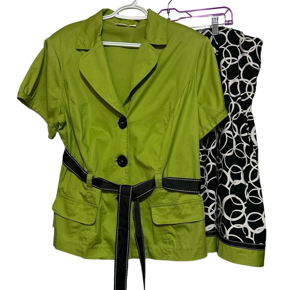 Cato Woman Short Sleeve Jacket Green Button Up & Black Tie Zip Up Skirt Size 20W